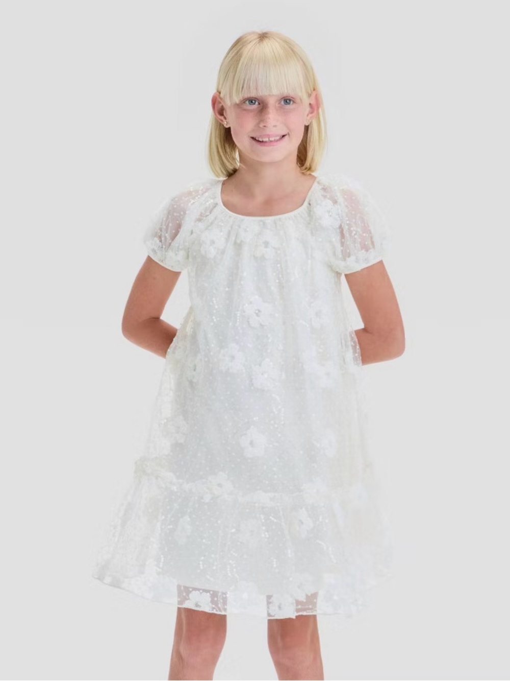 Zenzi Girls' Short Puff Sleeve A-Line Dress - Cream, XL